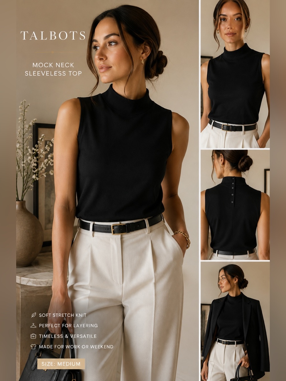 Talbots Black Mock Neck Sleeveless Stretch Knit Top Size Medium Career Chic